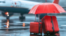 red umbrella, red luggage